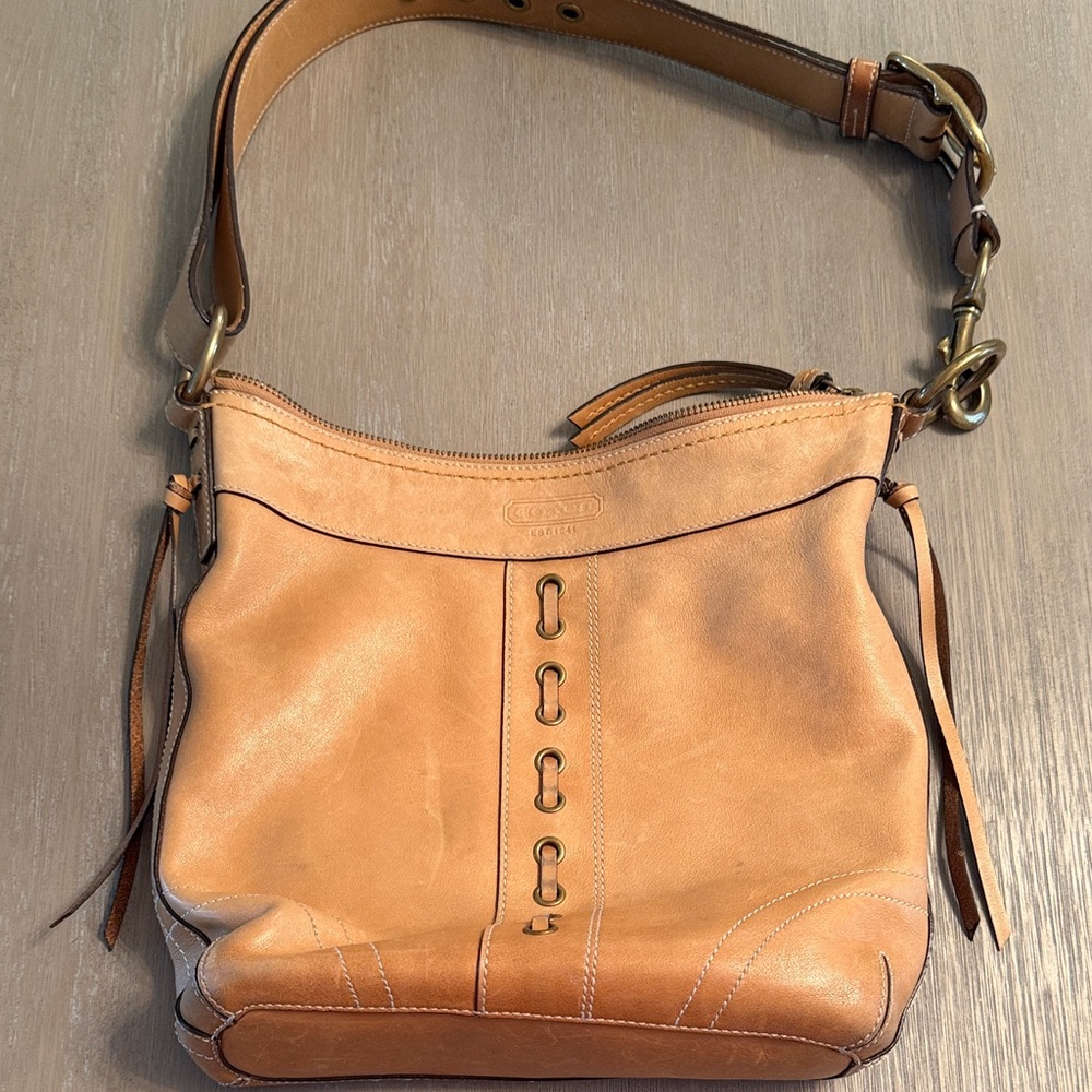 Coach Tan Leather Shoulder Bag with Brass Hardware